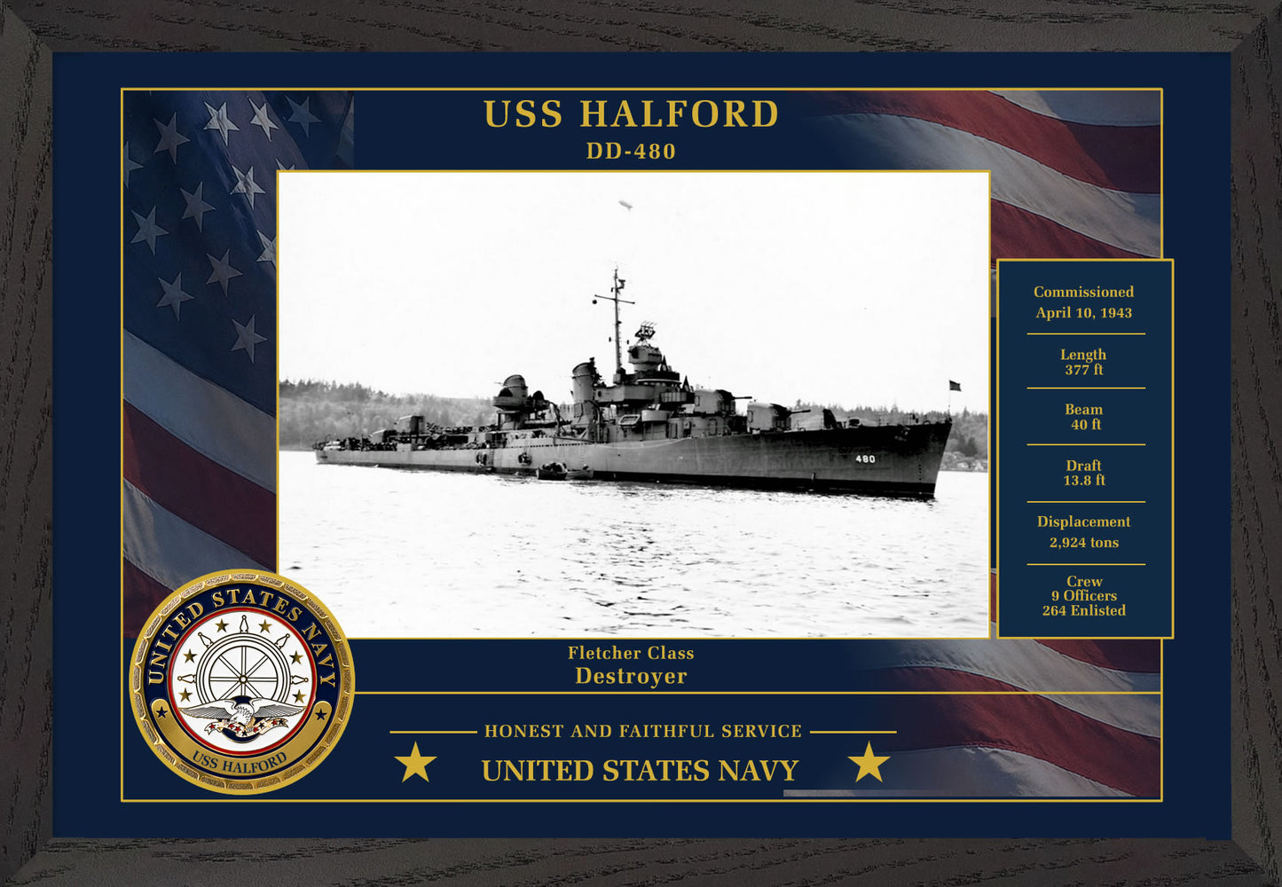 USS Halford DD-480 Framed Patriotic Photo