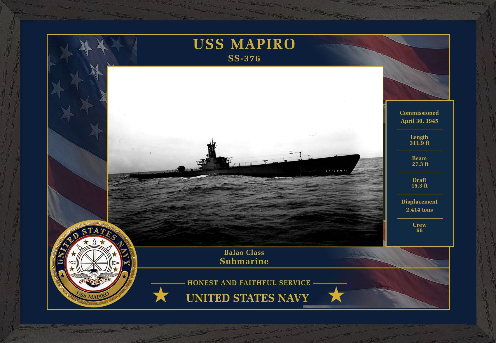 USS Mapiro SS-376 Framed Patriotic Photo