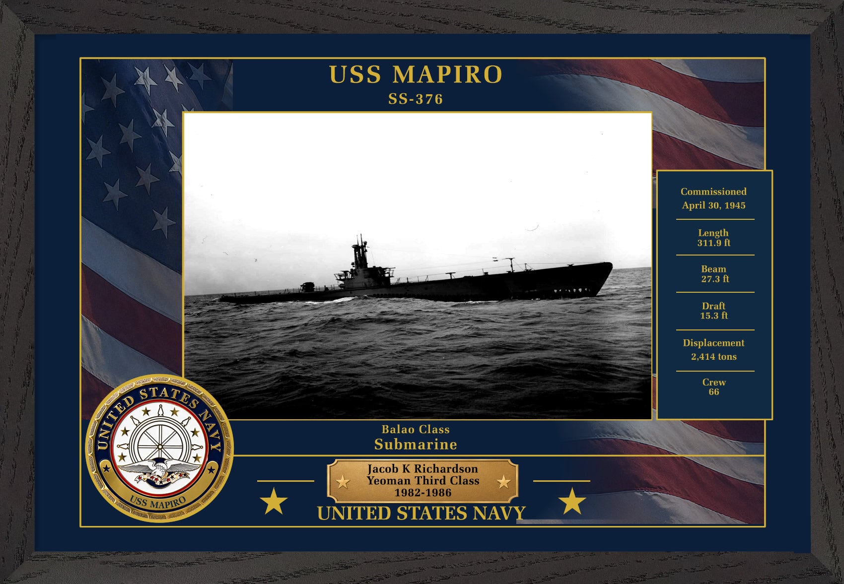 USS Mapiro SS-376 Framed Patriotic Photo