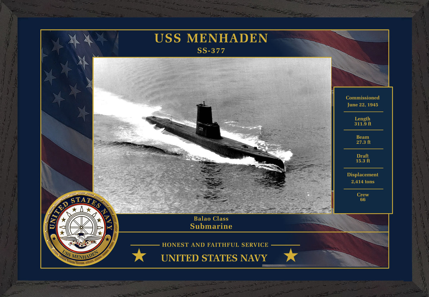 USS Menhaden SS-377 Framed Patriotic Photo