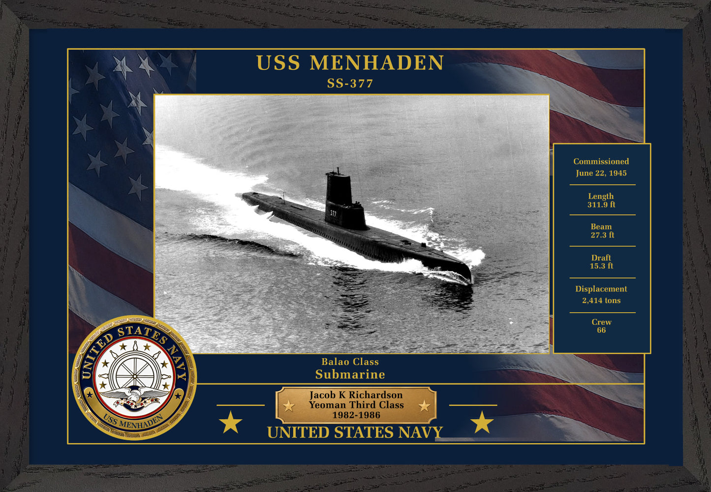 USS Menhaden SS-377 Framed Patriotic Photo