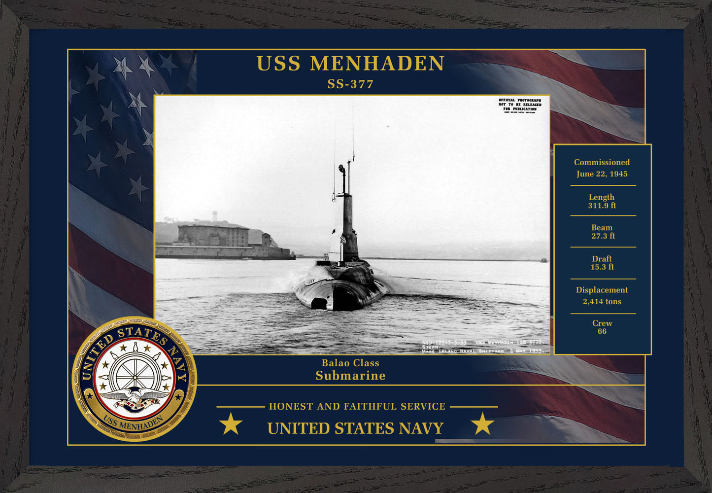 USS Menhaden SS-377 Framed Patriotic Photo