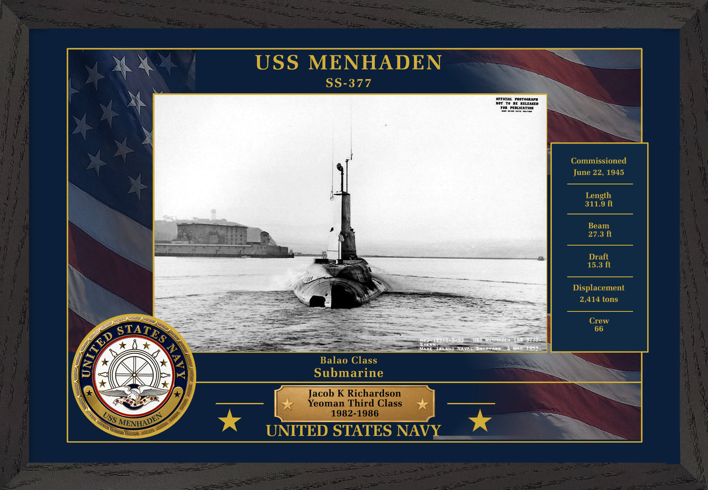 USS Menhaden SS-377 Framed Patriotic Photo