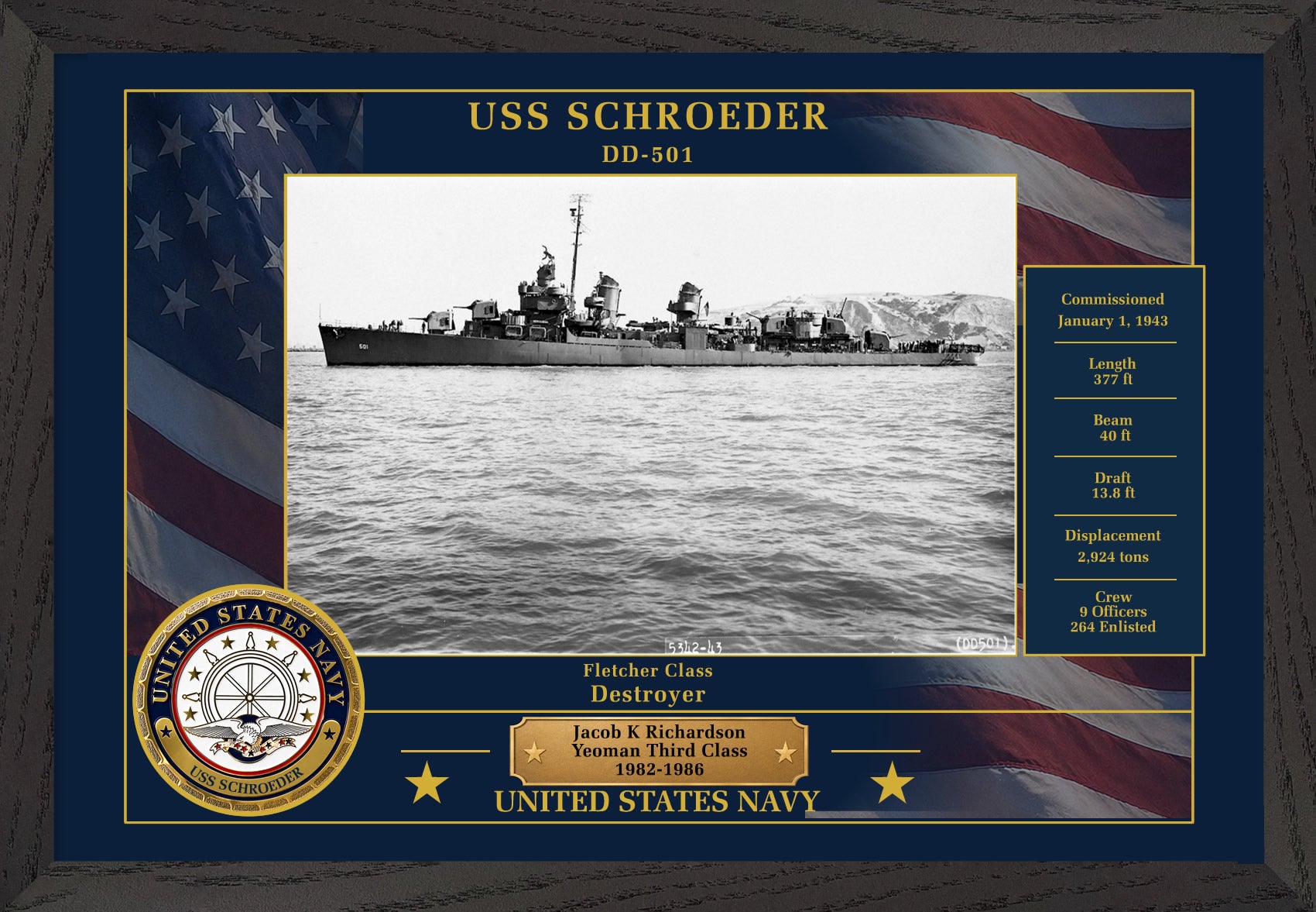 USS Schroeder DD-501 Framed Patriotic Photo