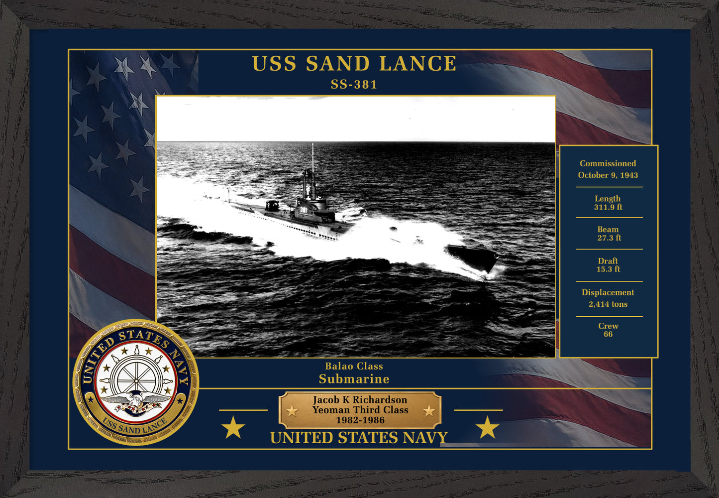 USS Sand Lance SS-381 Framed Patriotic Photo