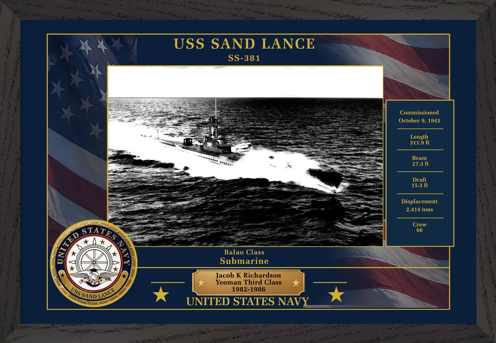 USS Sand Lance SS-381 Framed Patriotic Photo