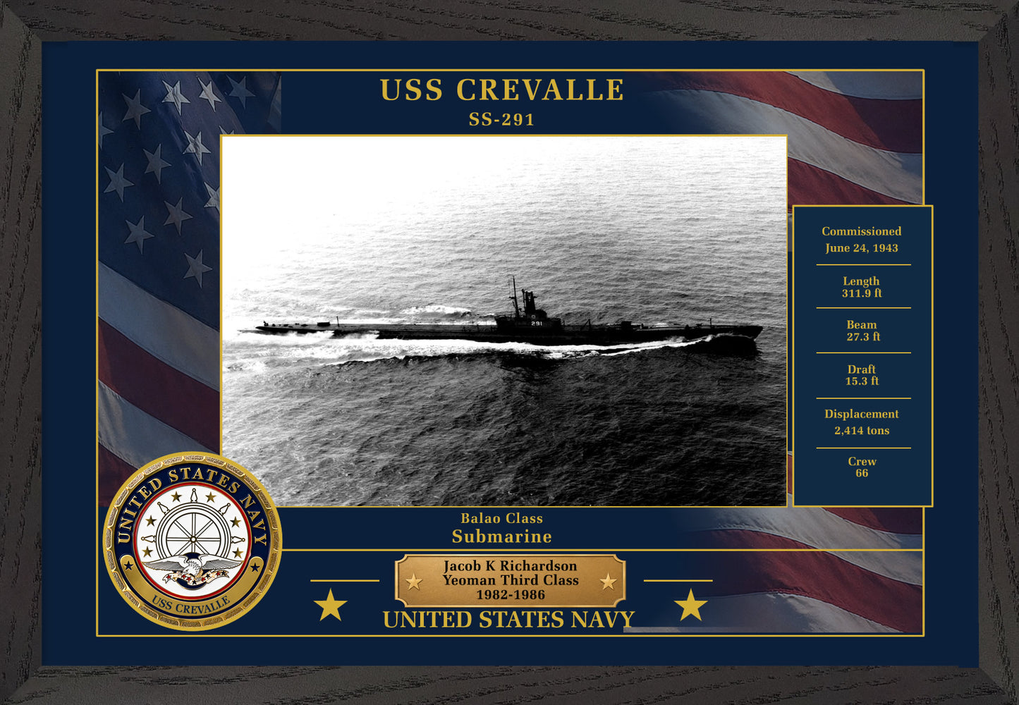 USS Crevalle SS-291 Framed Patriotic Photo