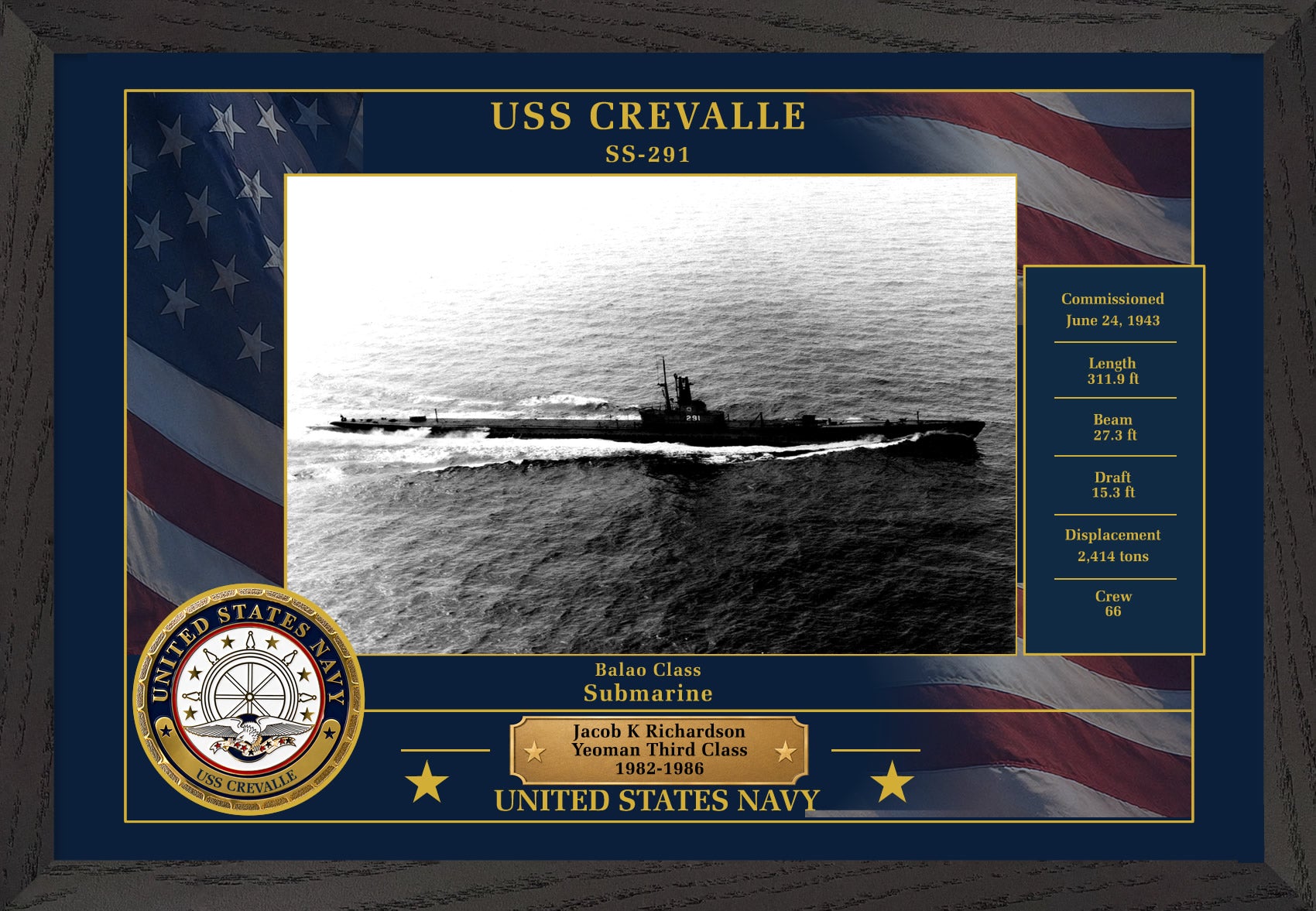 USS Crevalle SS-291 Framed Patriotic Photo
