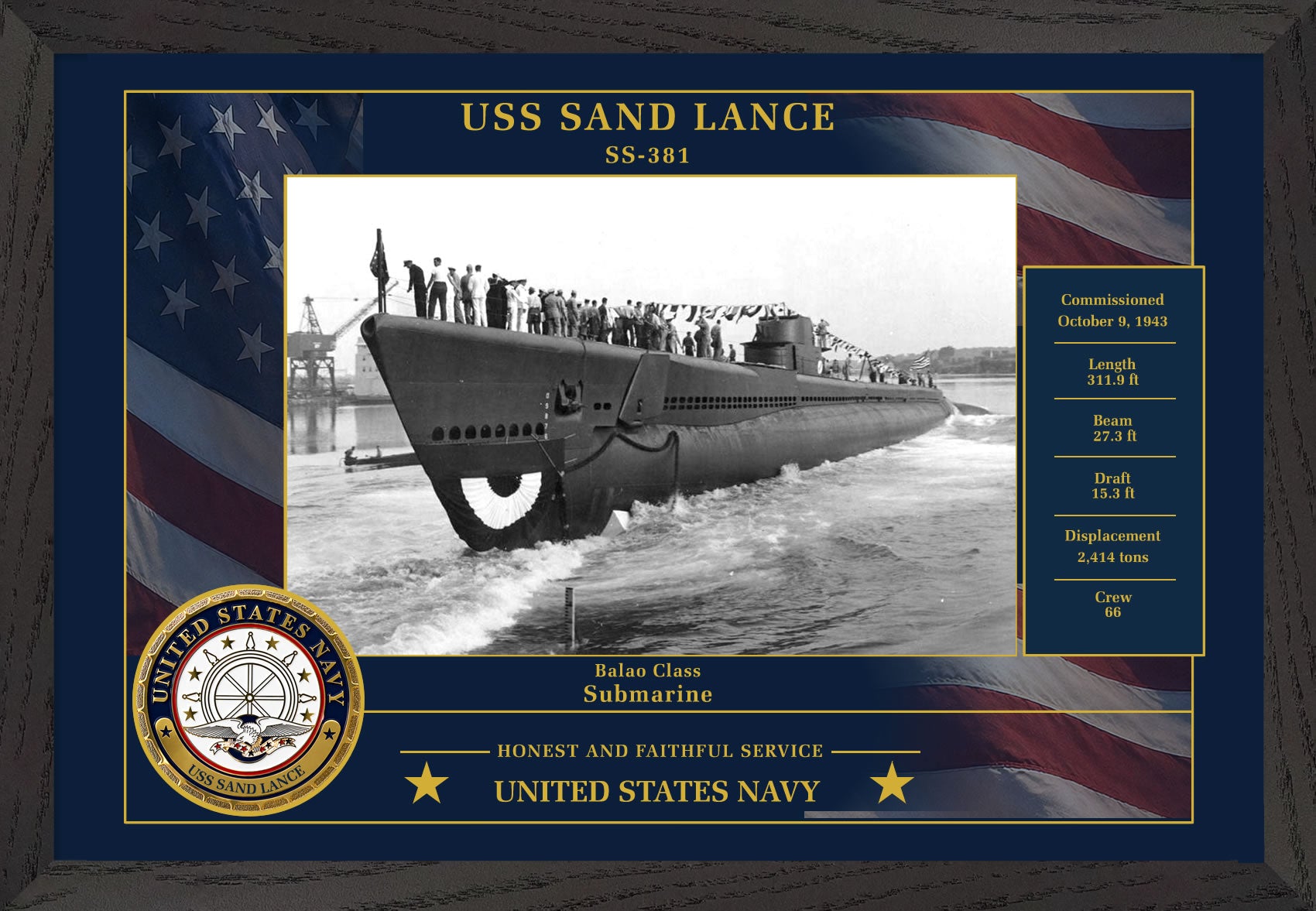 USS Sand Lance SS-381 Framed Patriotic Photo