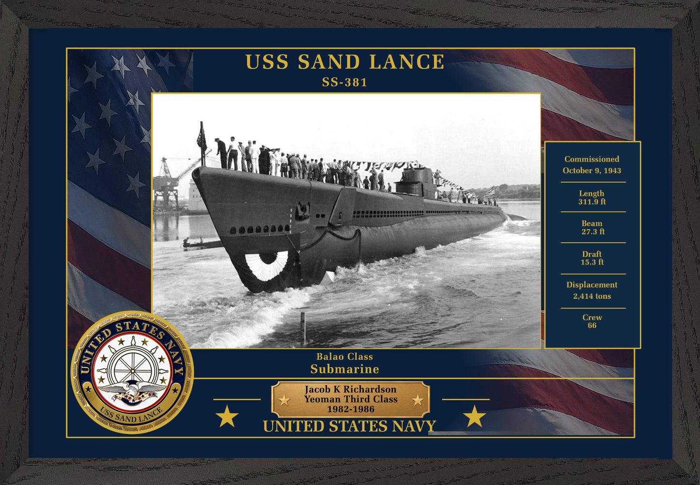 USS Sand Lance SS-381 Framed Patriotic Photo