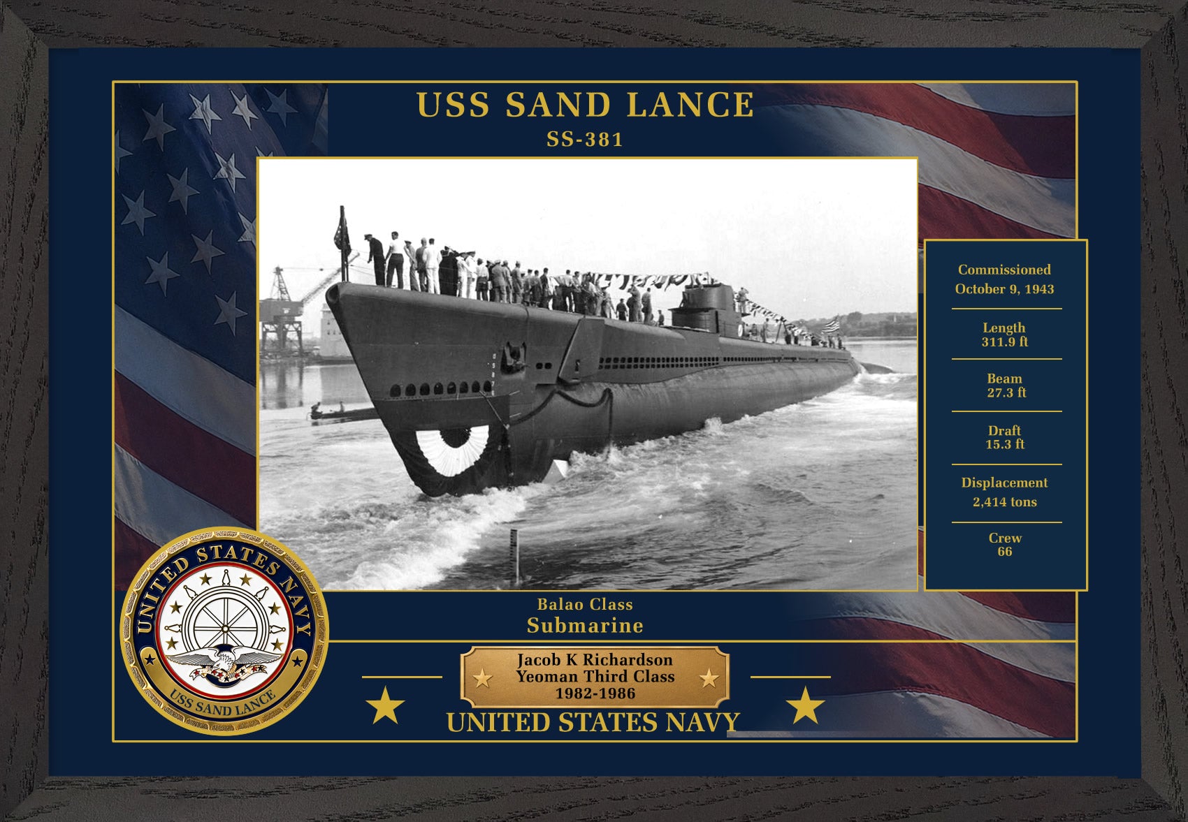 USS Sand Lance SS-381 Framed Patriotic Photo