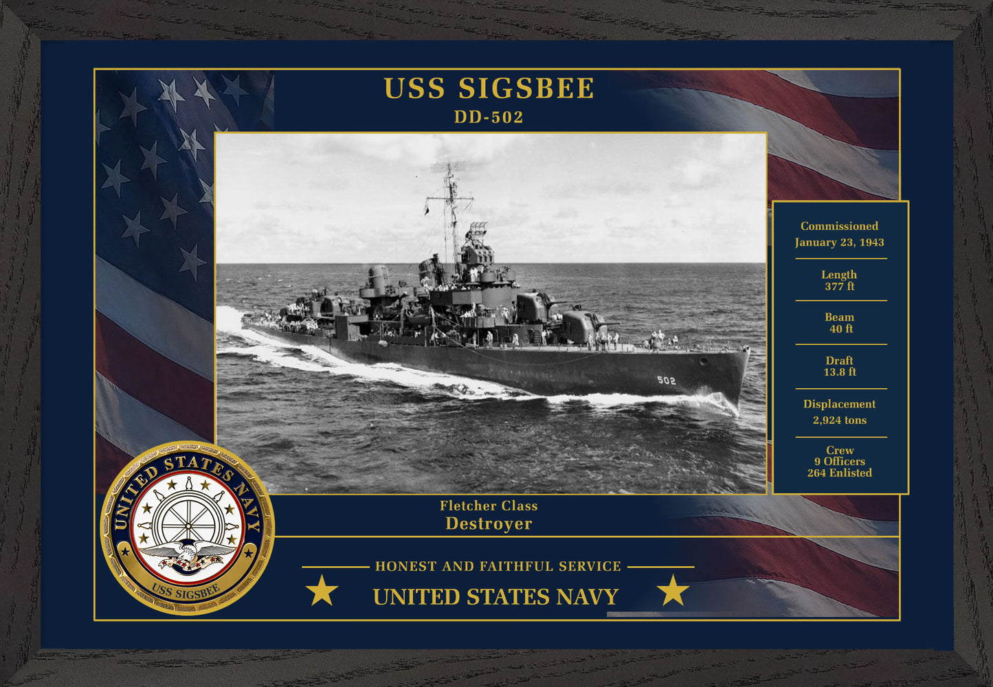 USS Sigsbee DD-502 Framed Patriotic Photo