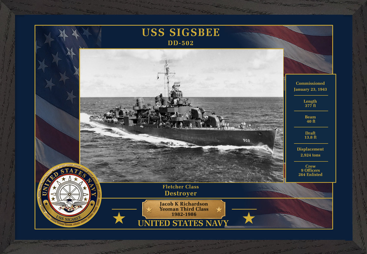 USS Sigsbee DD-502 Framed Patriotic Photo
