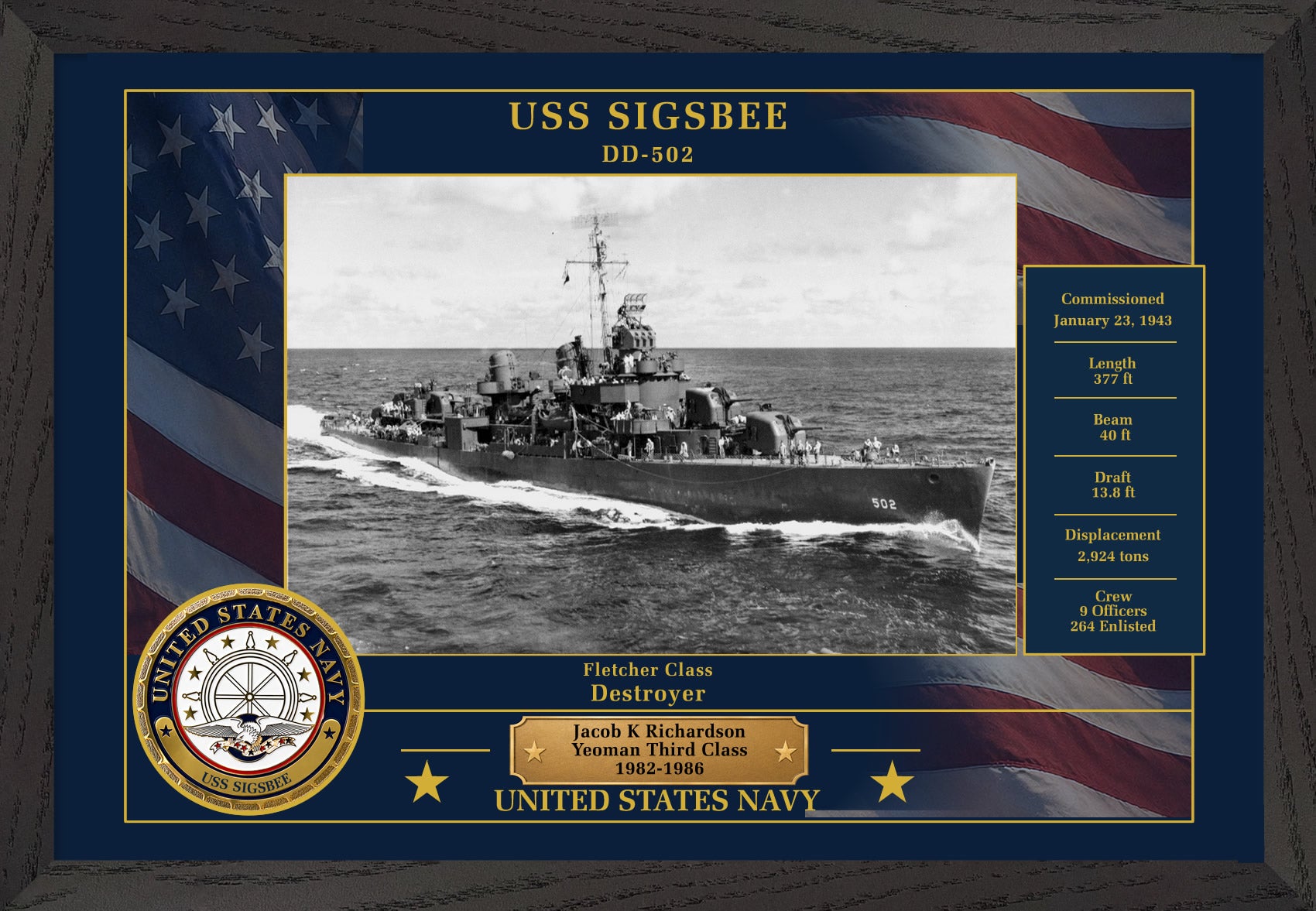 USS Sigsbee DD-502 Framed Patriotic Photo