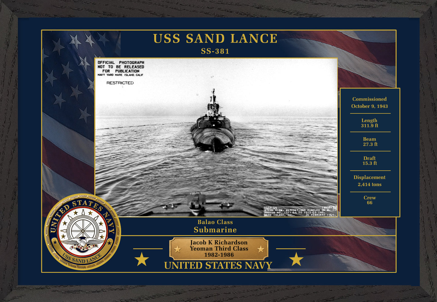 USS Sand Lance SS-381 Framed Patriotic Photo