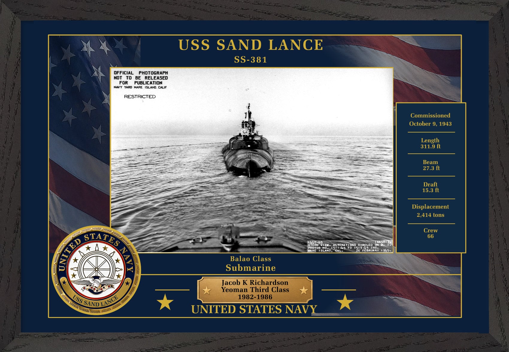 USS Sand Lance SS-381 Framed Patriotic Photo