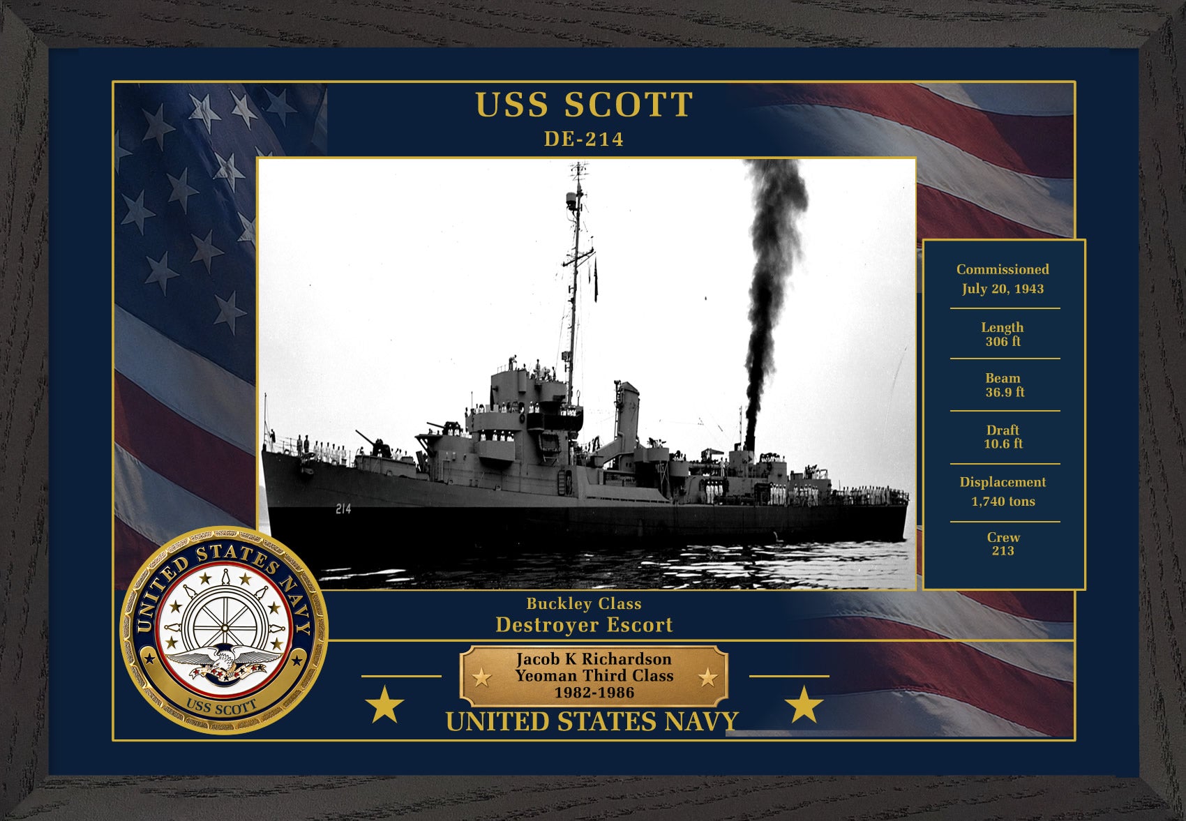 USS Scott DE-214 Framed Patriotic Photo