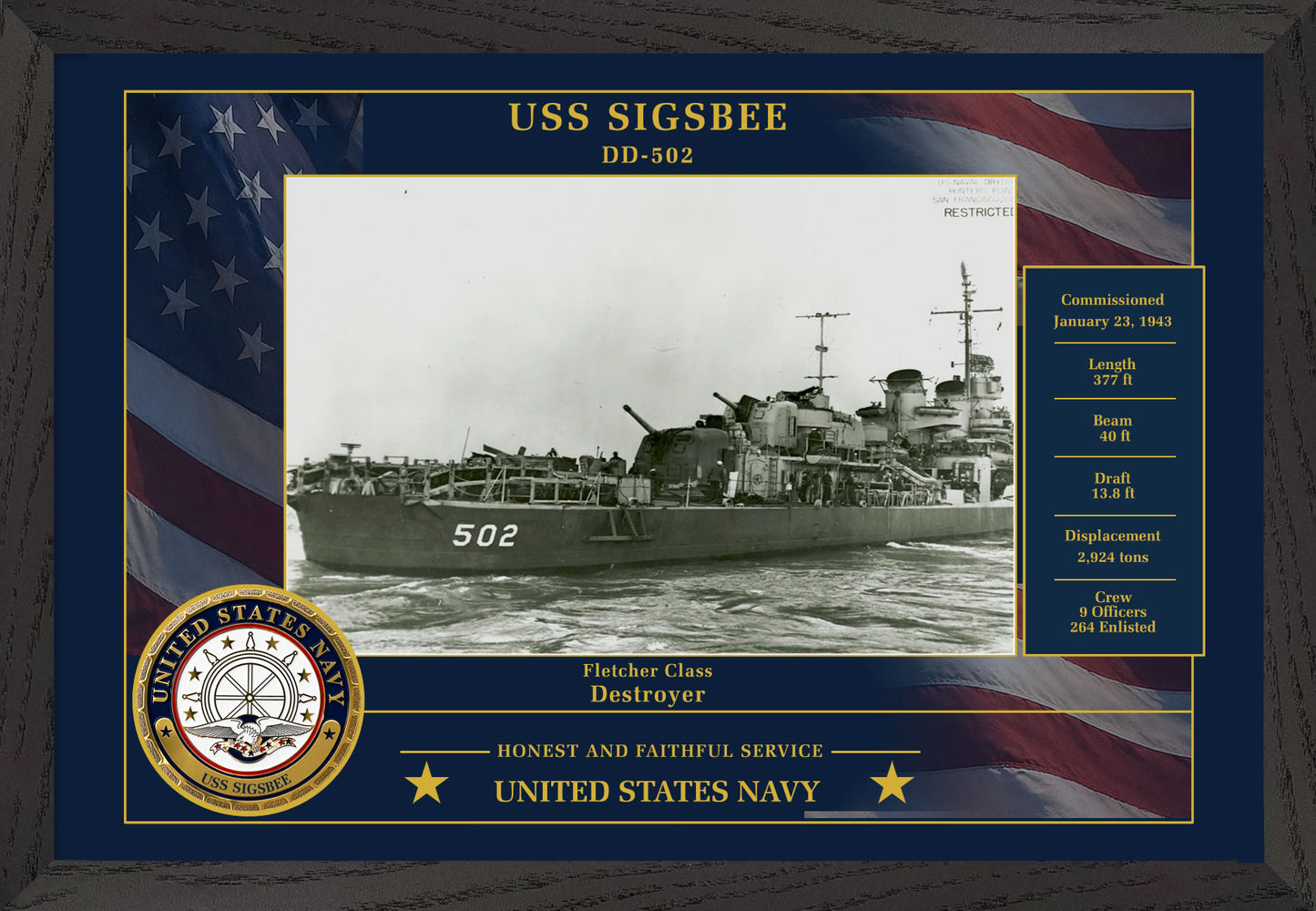 USS Sigsbee DD-502 Framed Patriotic Photo