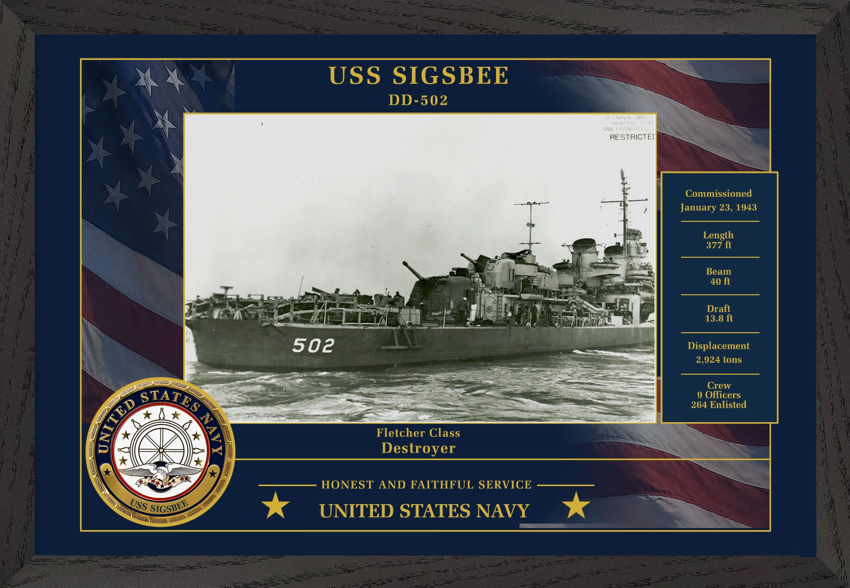USS Sigsbee DD-502 Framed Patriotic Photo