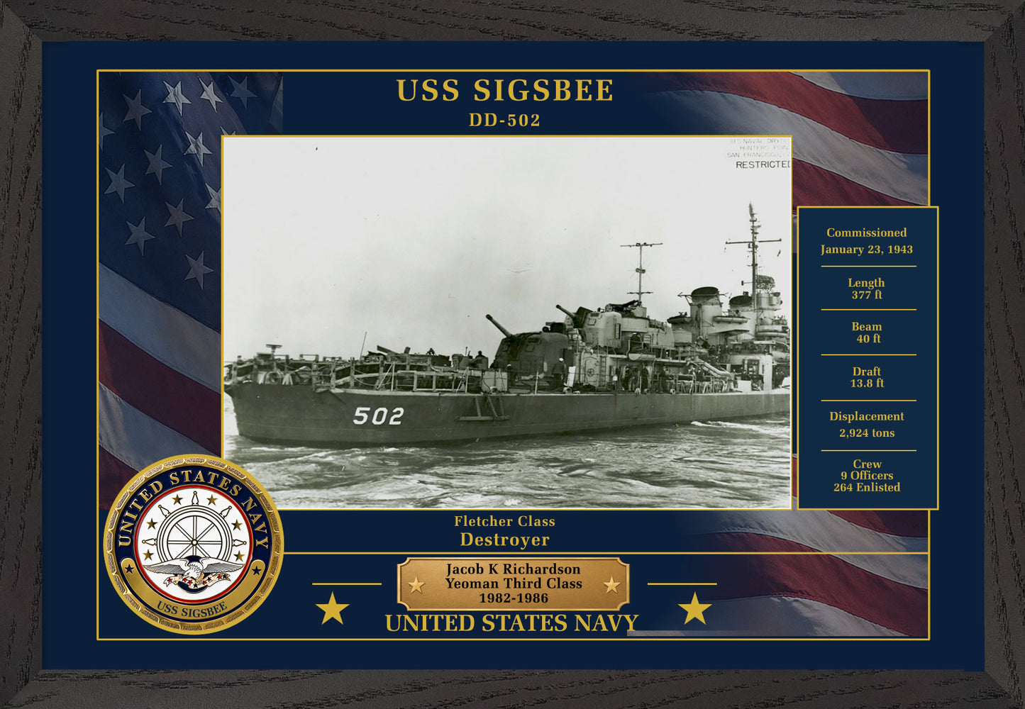 USS Sigsbee DD-502 Framed Patriotic Photo