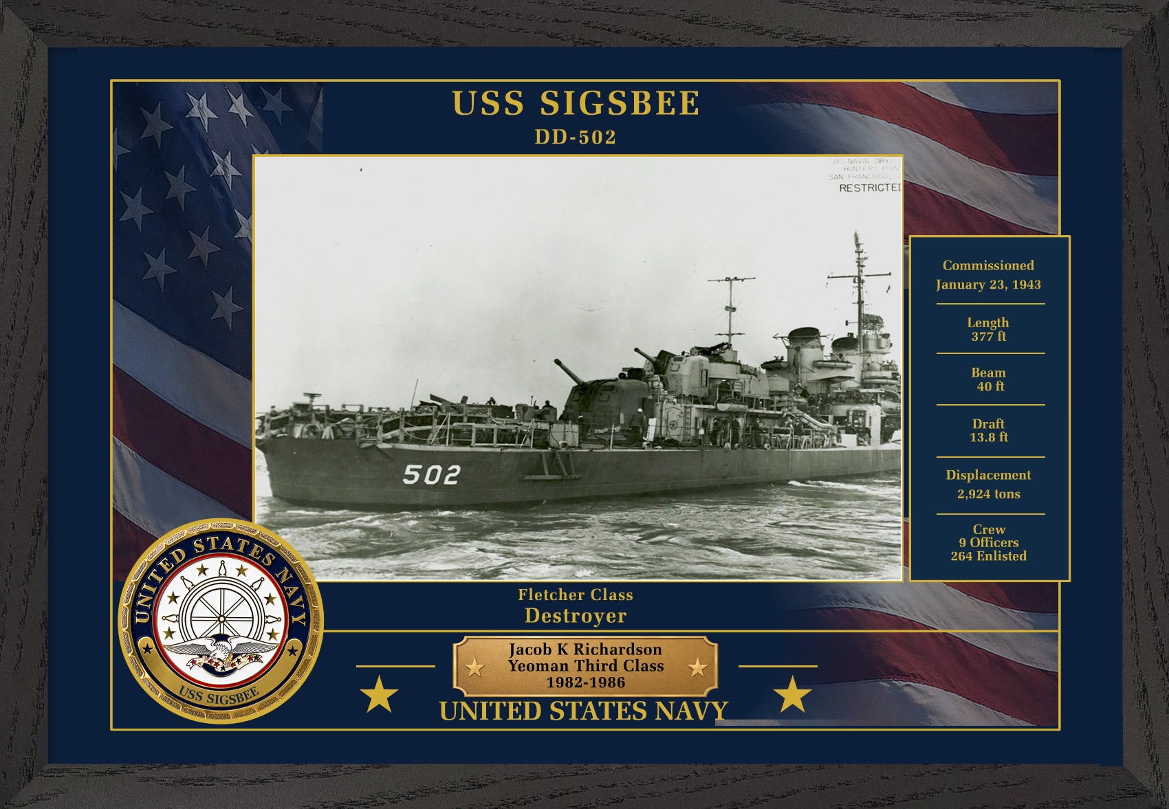 USS Sigsbee DD-502 Framed Patriotic Photo