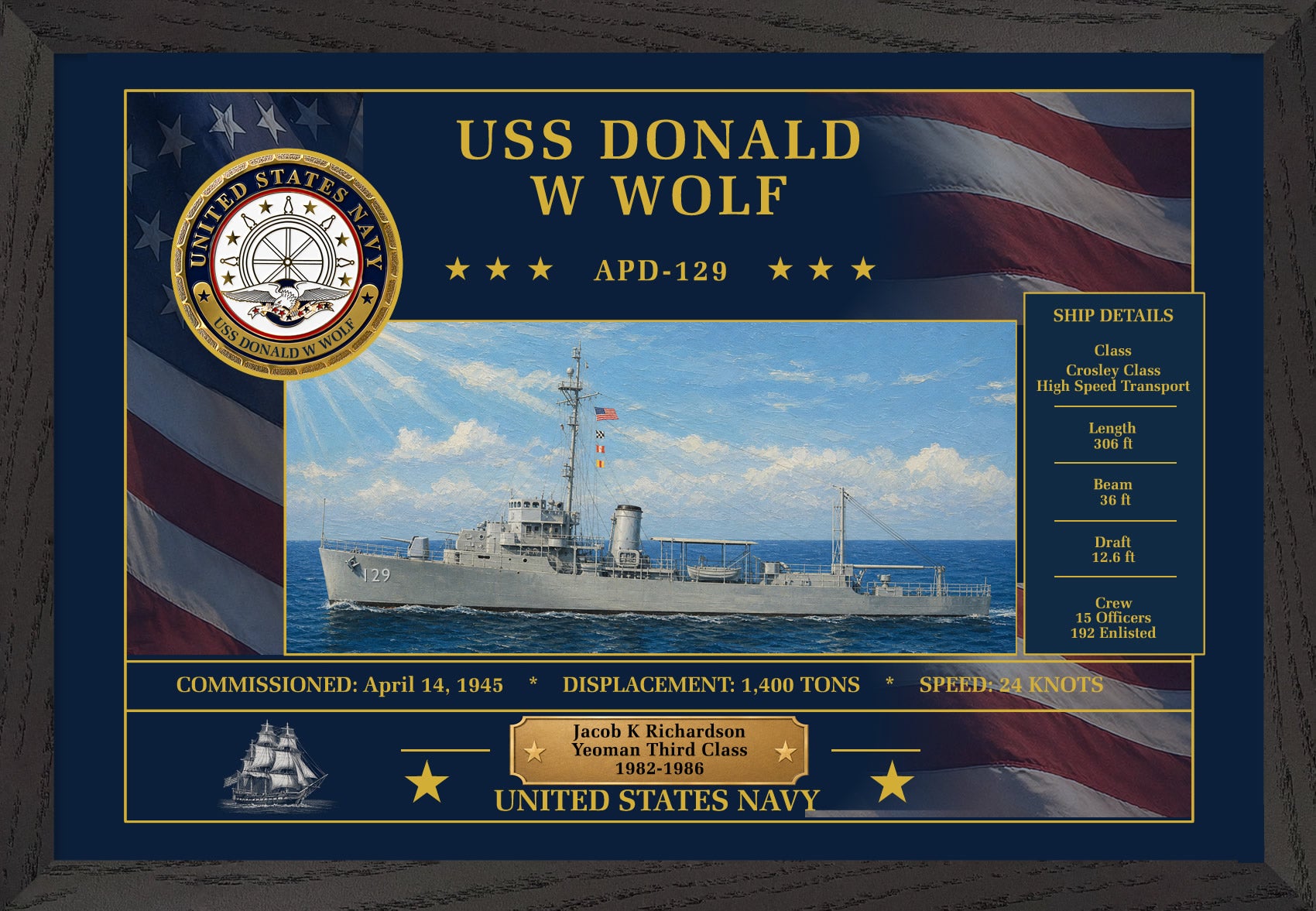 USS Donald W Wolf APD-129 Framed Patriotic Art