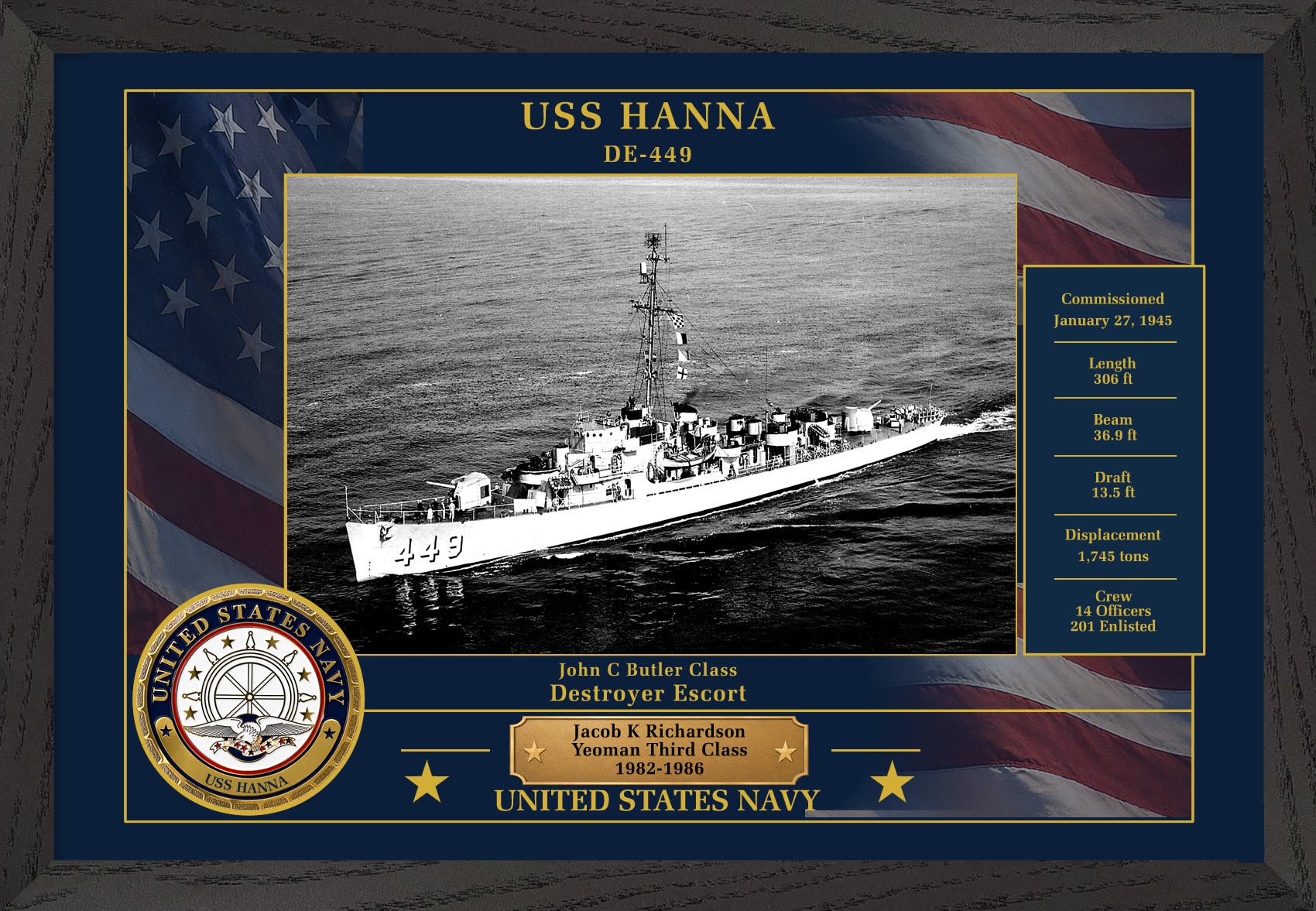 USS Hanna DE-449 Framed Patriotic Photo