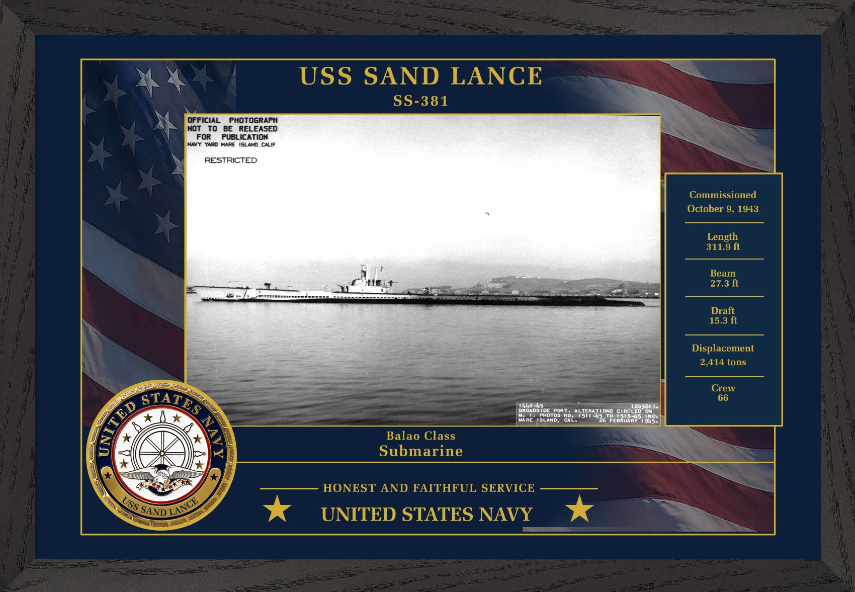USS Sand Lance SS-381 Framed Patriotic Photo