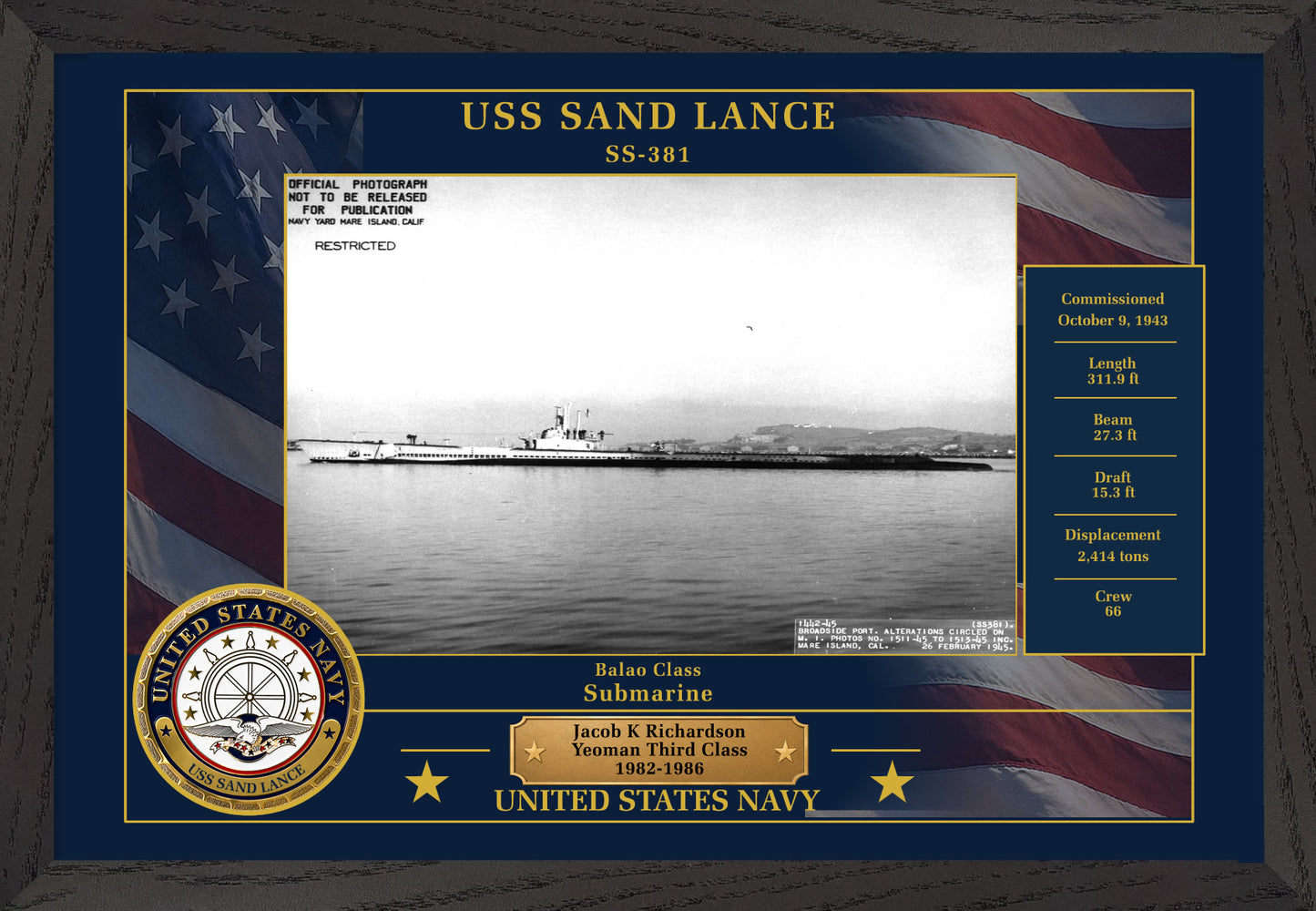 USS Sand Lance SS-381 Framed Patriotic Photo