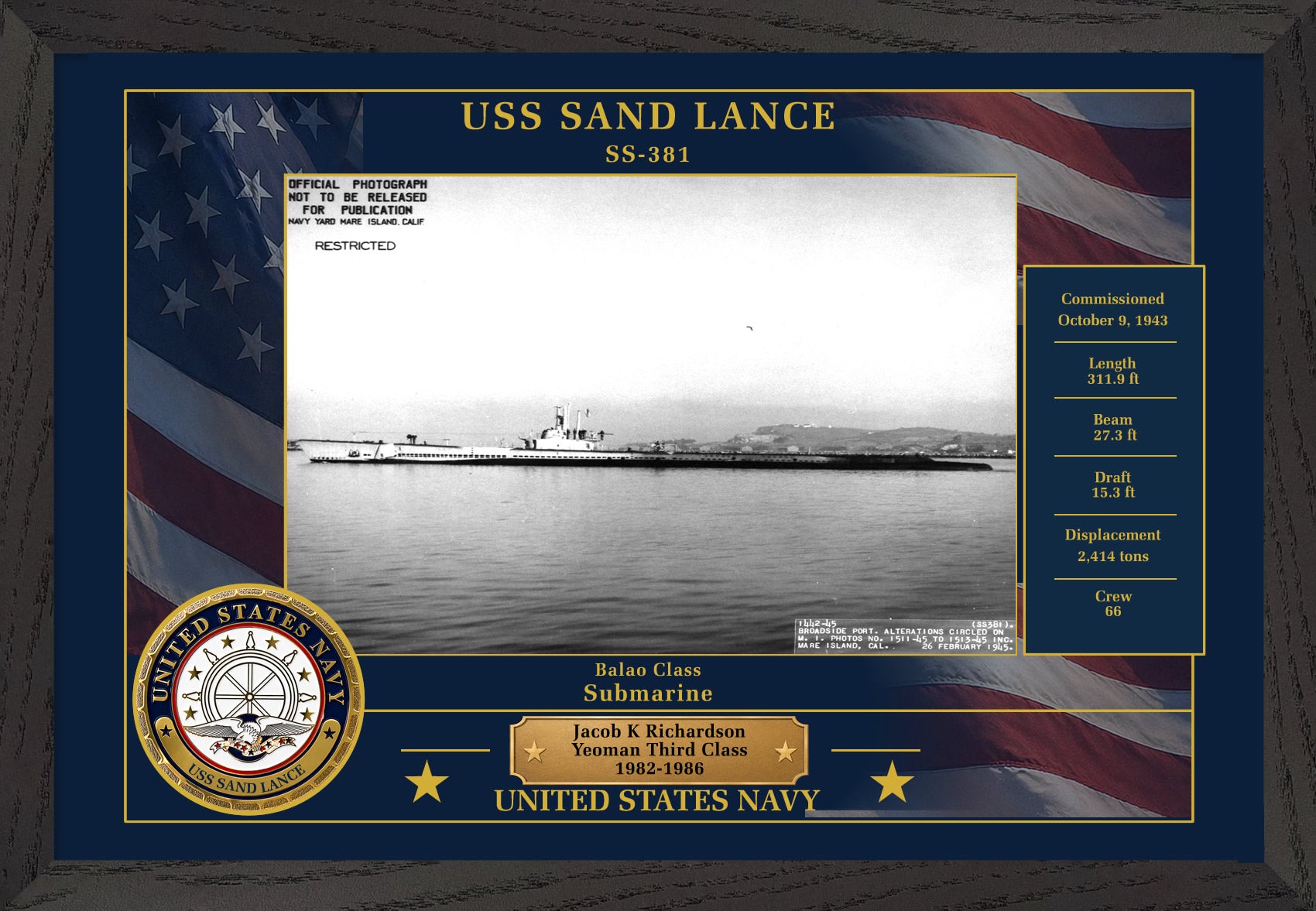 USS Sand Lance SS-381 Framed Patriotic Photo