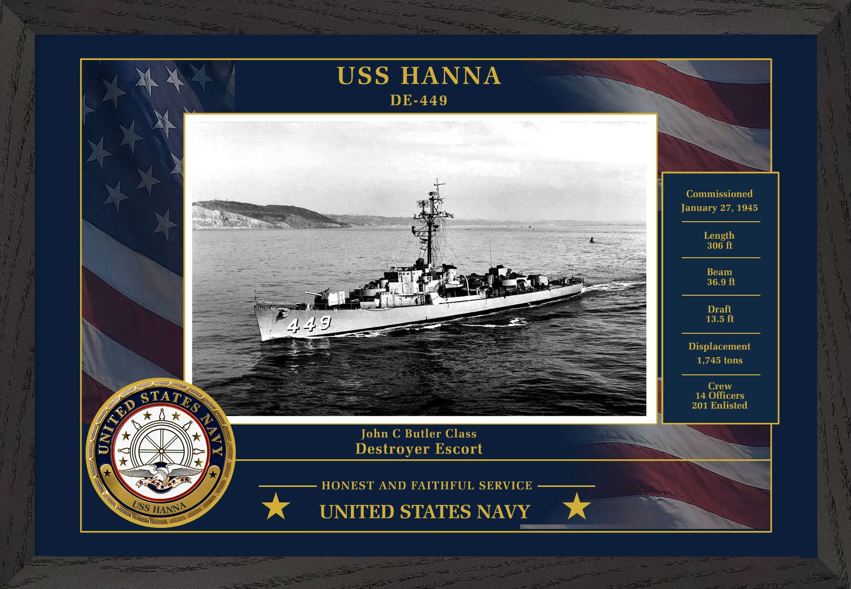 USS Hanna DE-449 Framed Patriotic Photo