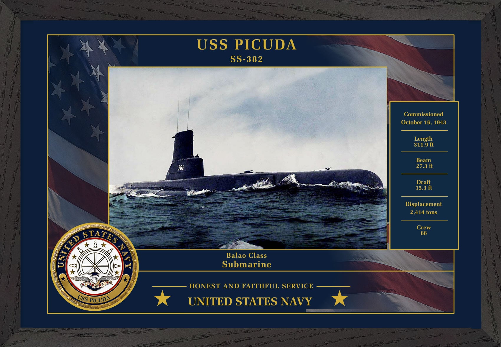 USS Picuda SS-382 Framed Patriotic Photo
