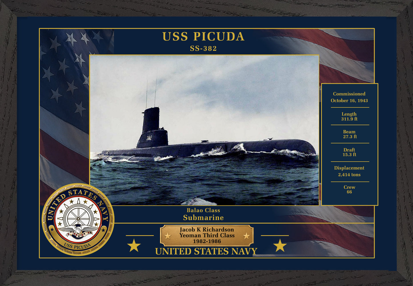 USS Picuda SS-382 Framed Patriotic Photo