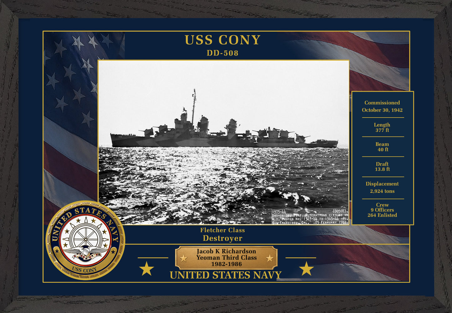 USS Cony DD-508 Framed Patriotic Photo