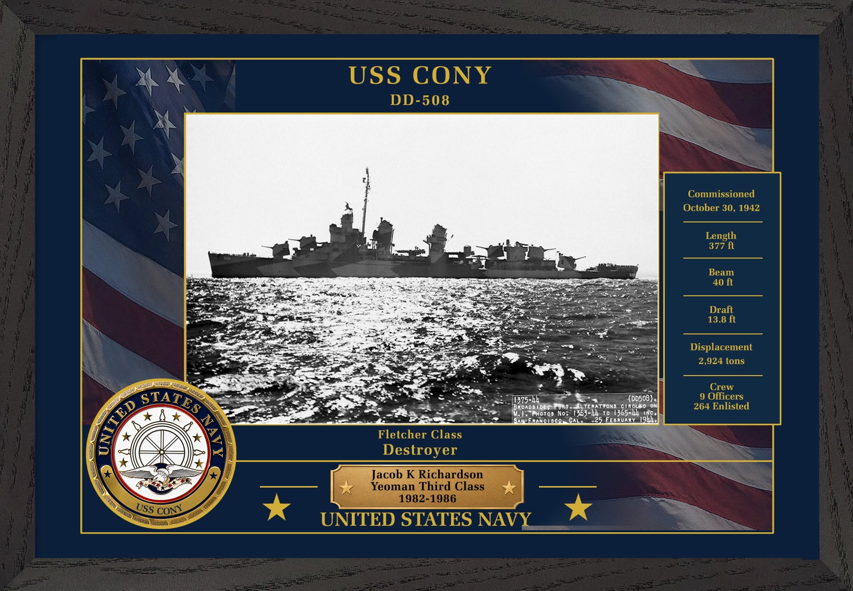 USS Cony DD-508 Framed Patriotic Photo