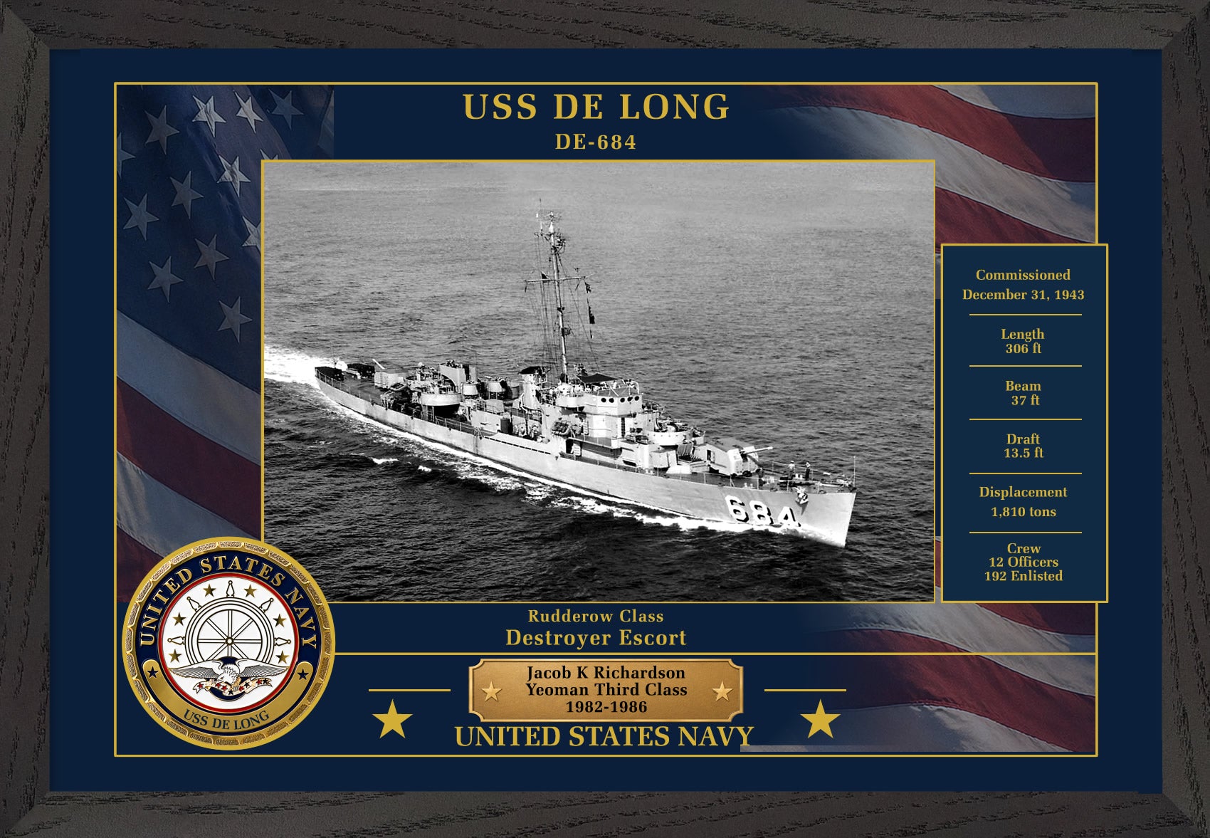 USS De Long DE-684 Framed Patriotic Photo