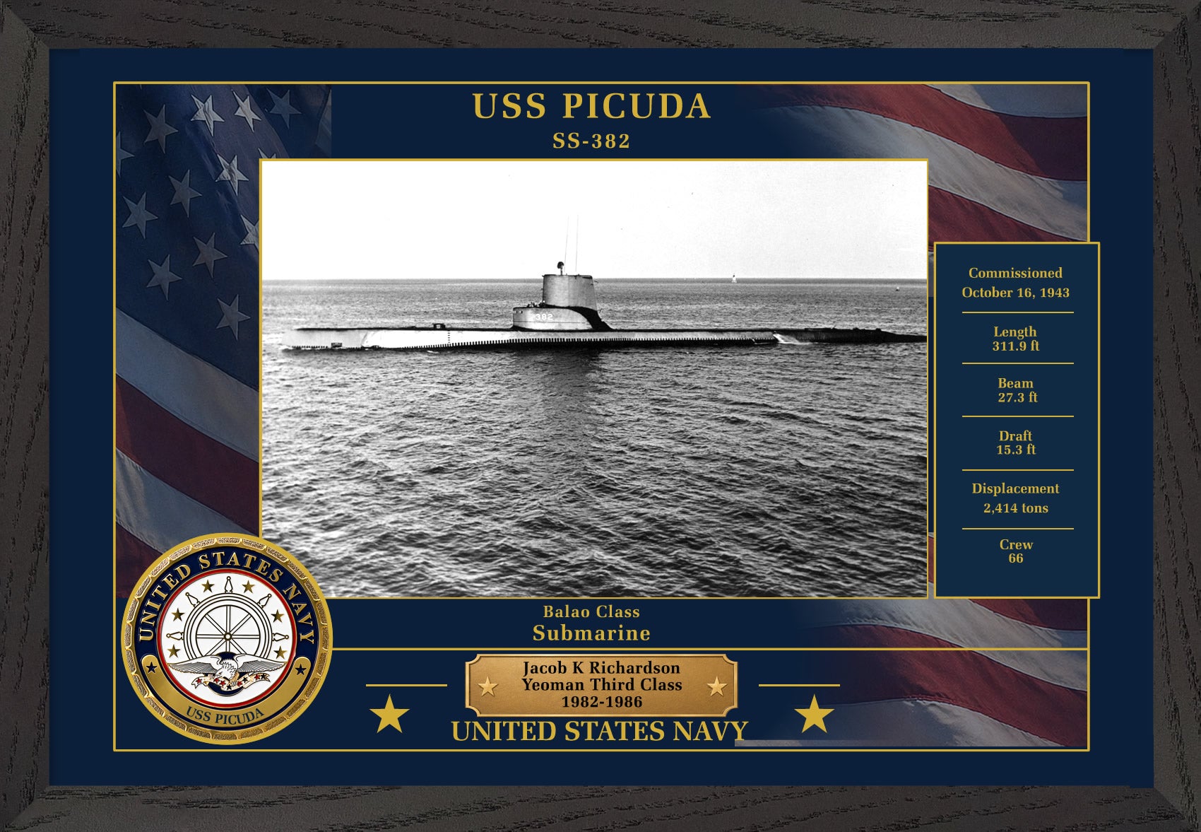 USS Picuda SS-382 Framed Patriotic Photo