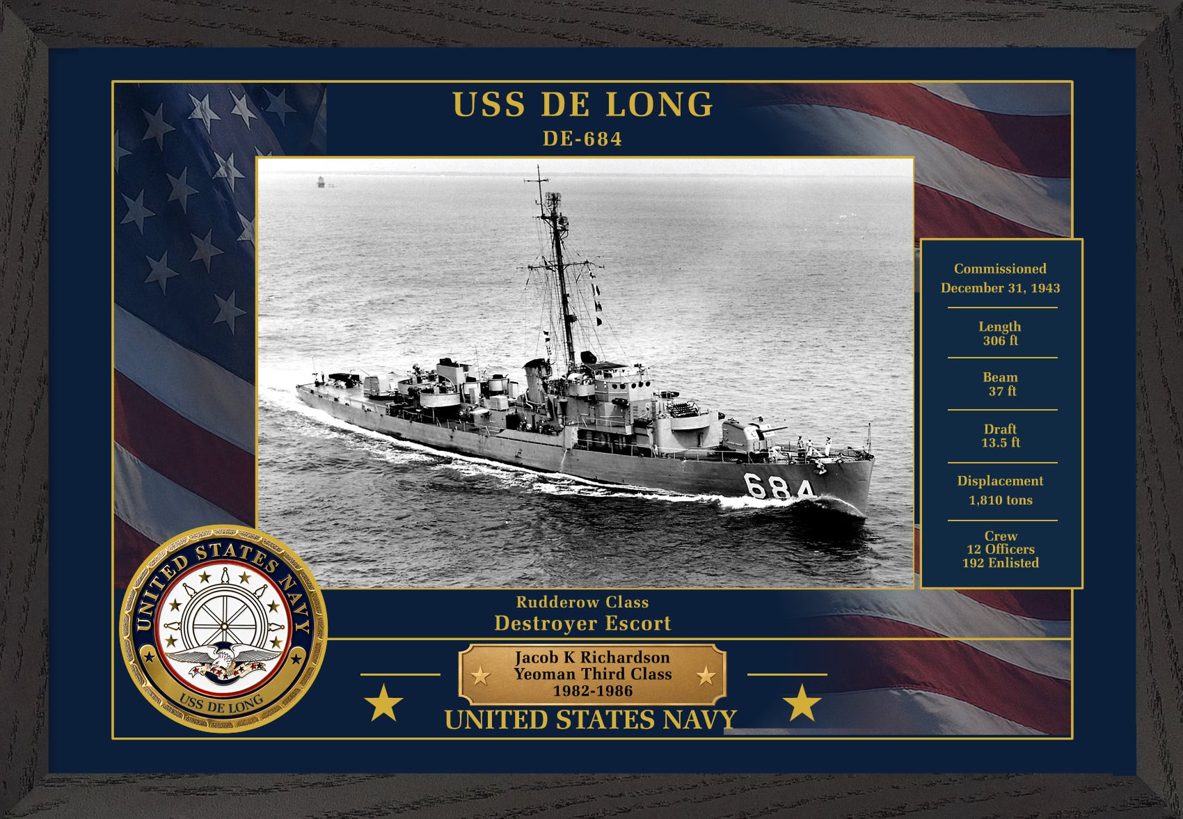 USS De Long DE-684 Framed Patriotic Photo