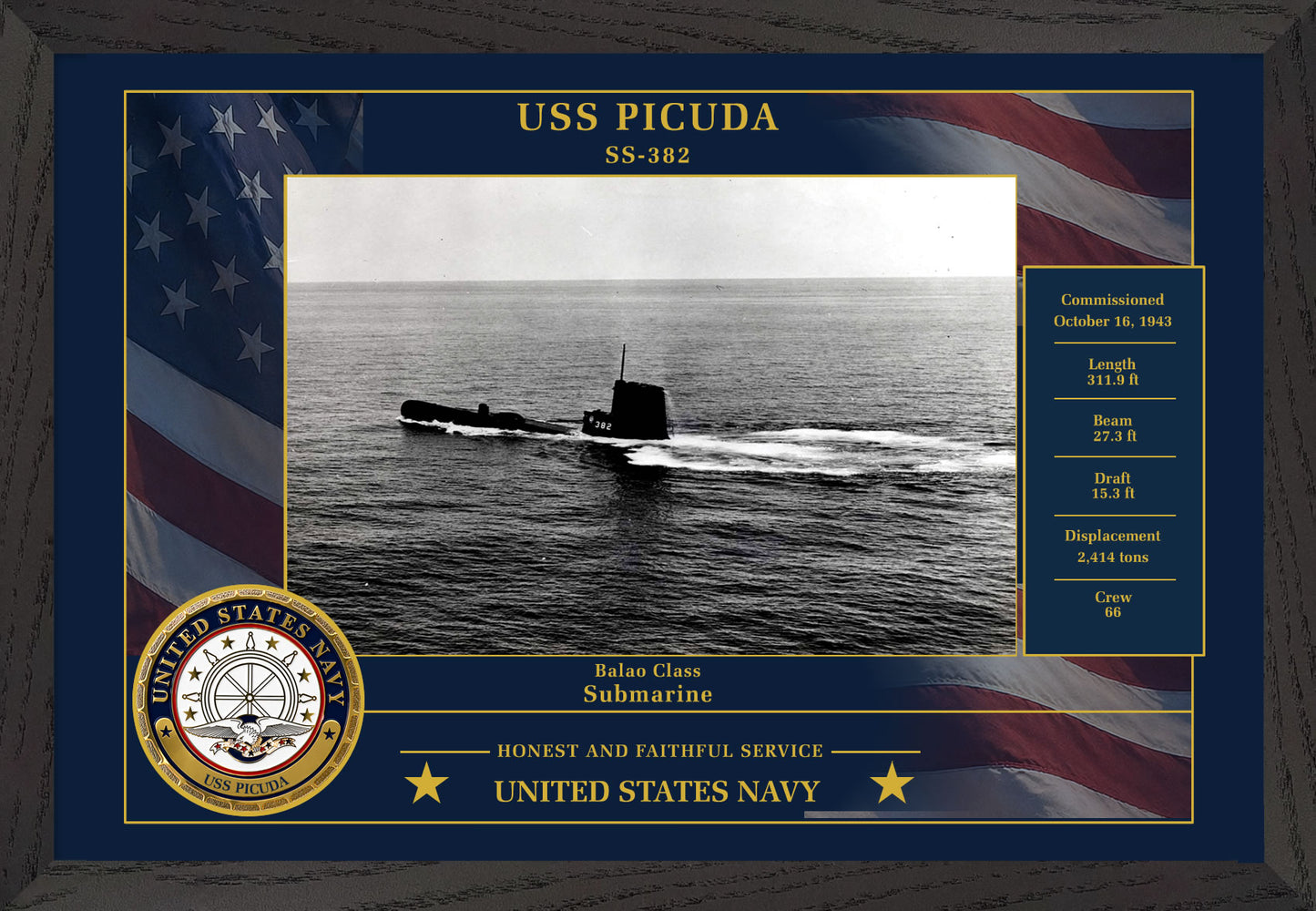 USS Picuda SS-382 Framed Patriotic Photo