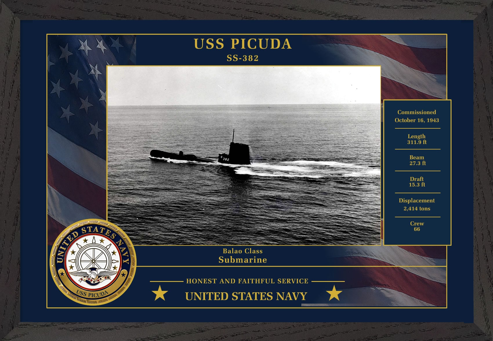 USS Picuda SS-382 Framed Patriotic Photo