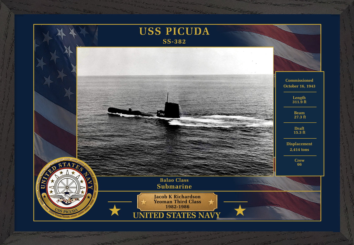 USS Picuda SS-382 Framed Patriotic Photo