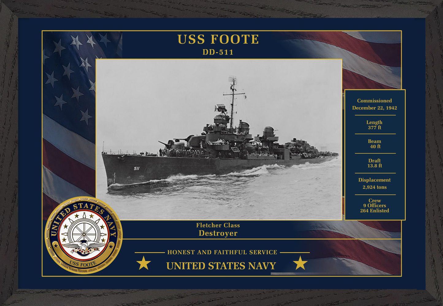 USS Foote DD-511 Framed Patriotic Photo