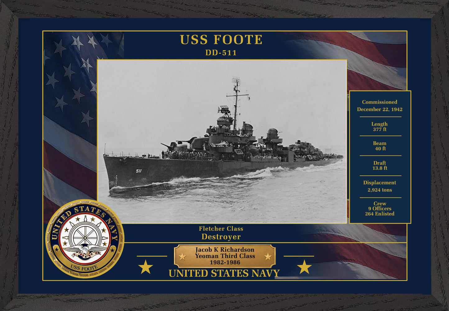 USS Foote DD-511 Framed Patriotic Photo