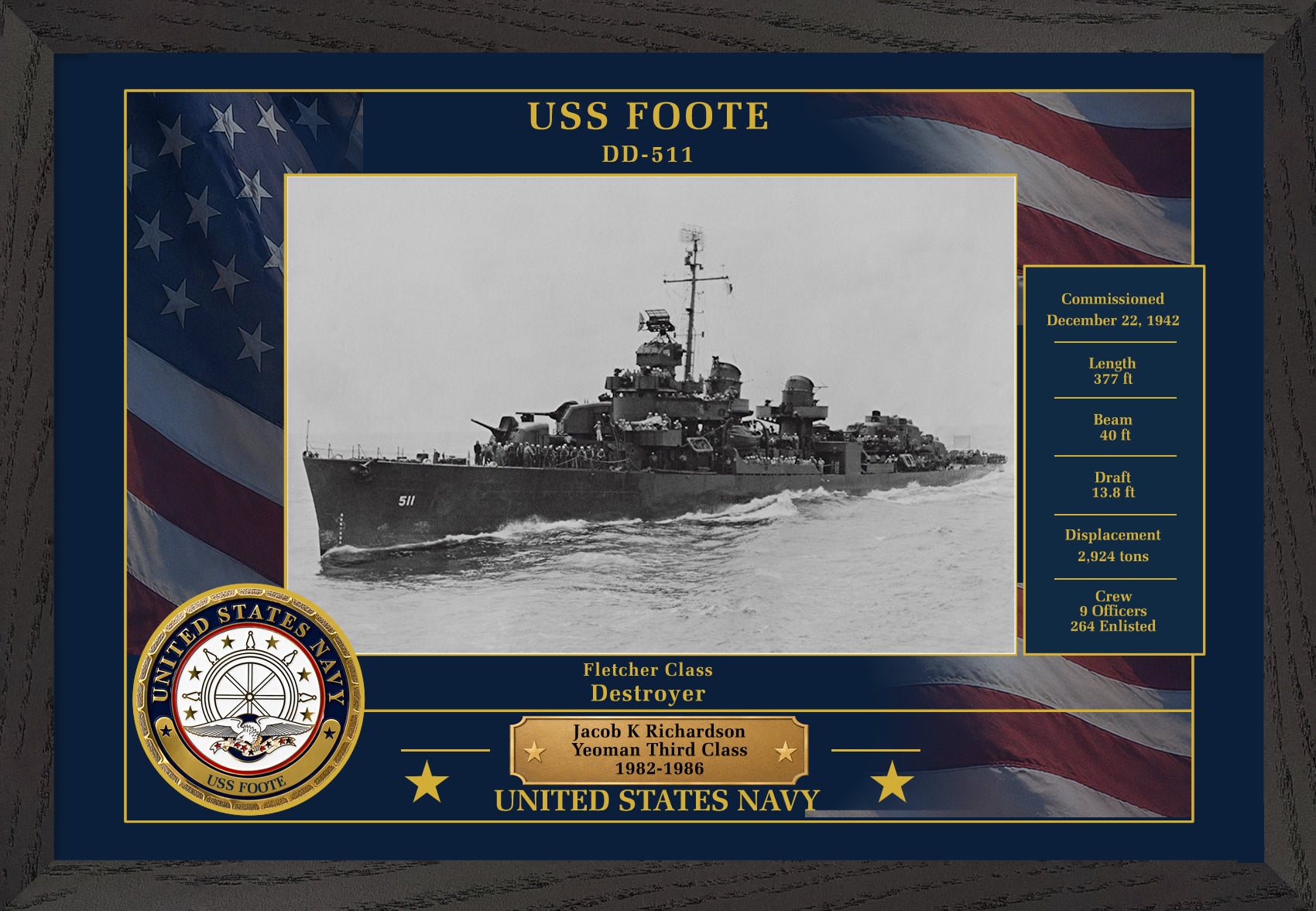 USS Foote DD-511 Framed Patriotic Photo