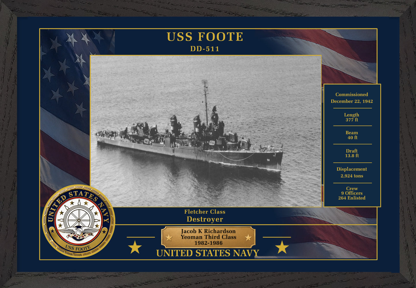 USS Foote DD-511 Framed Patriotic Photo