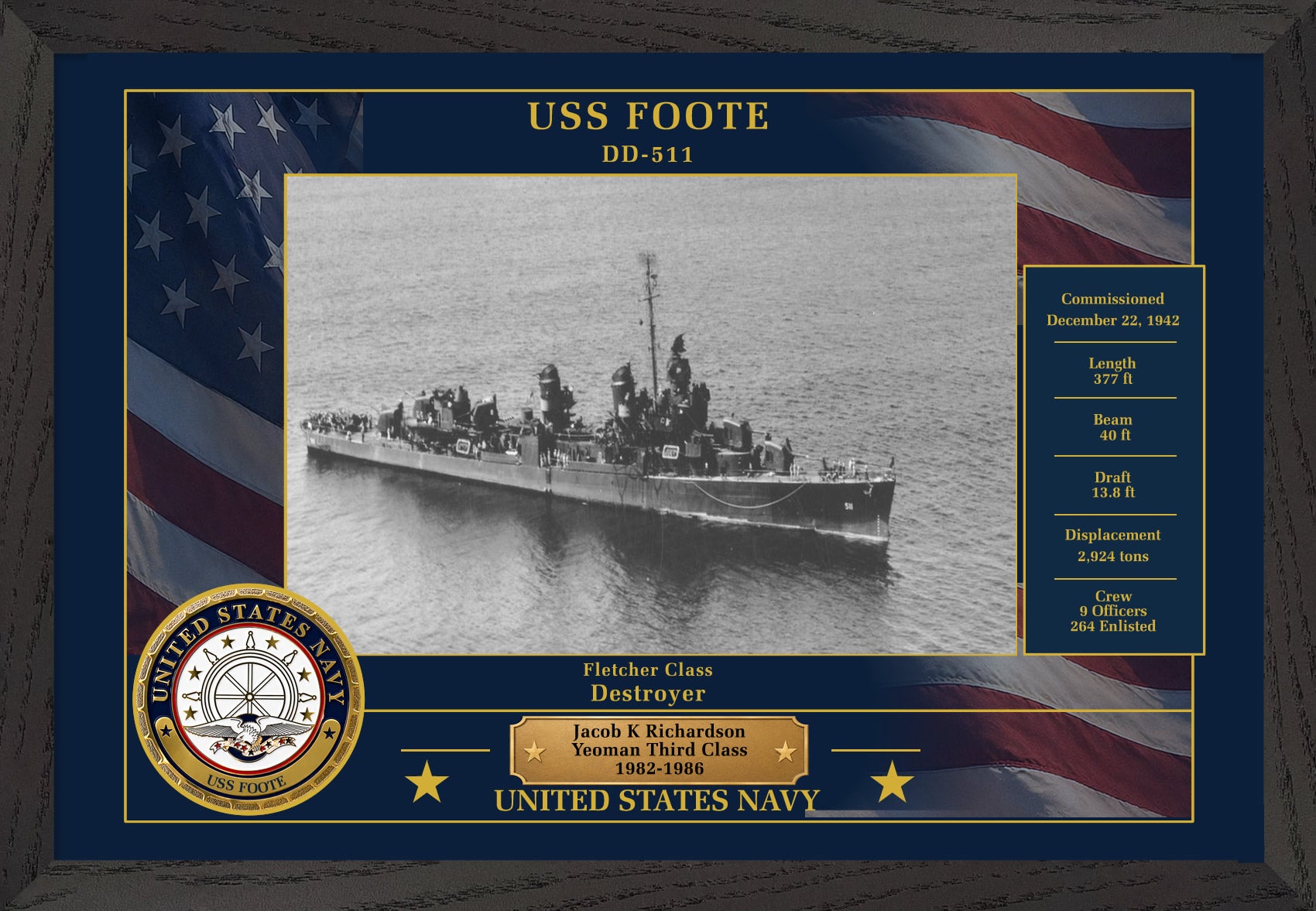 USS Foote DD-511 Framed Patriotic Photo