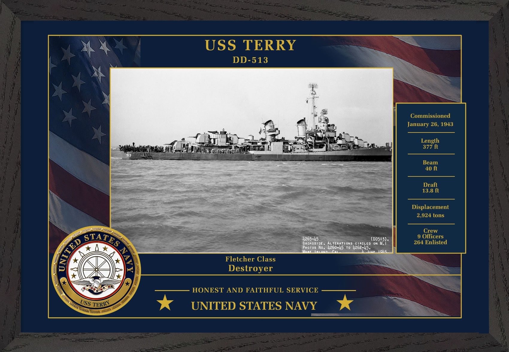USS Terry DD-513 Framed Patriotic Photo