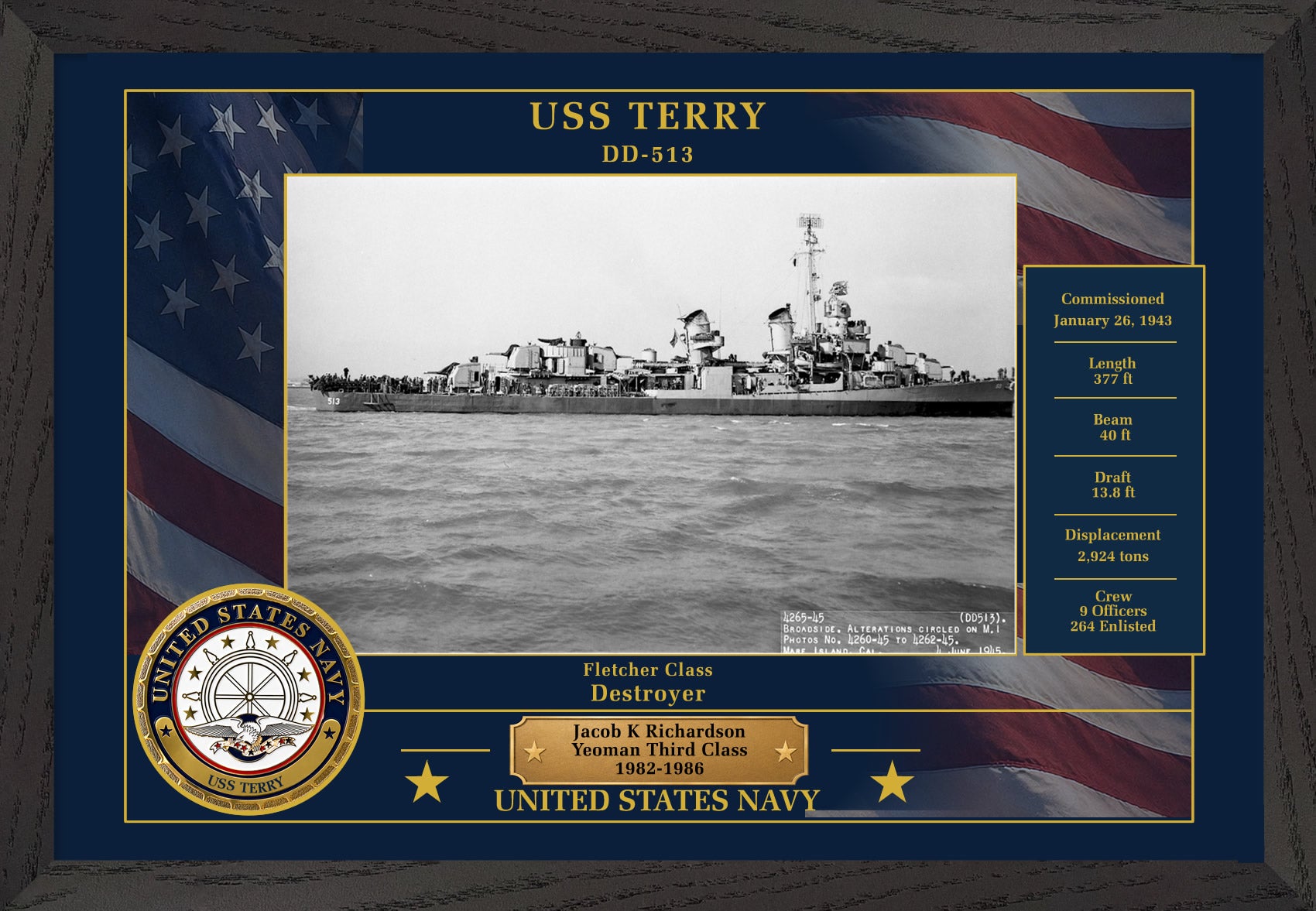USS Terry DD-513 Framed Patriotic Photo