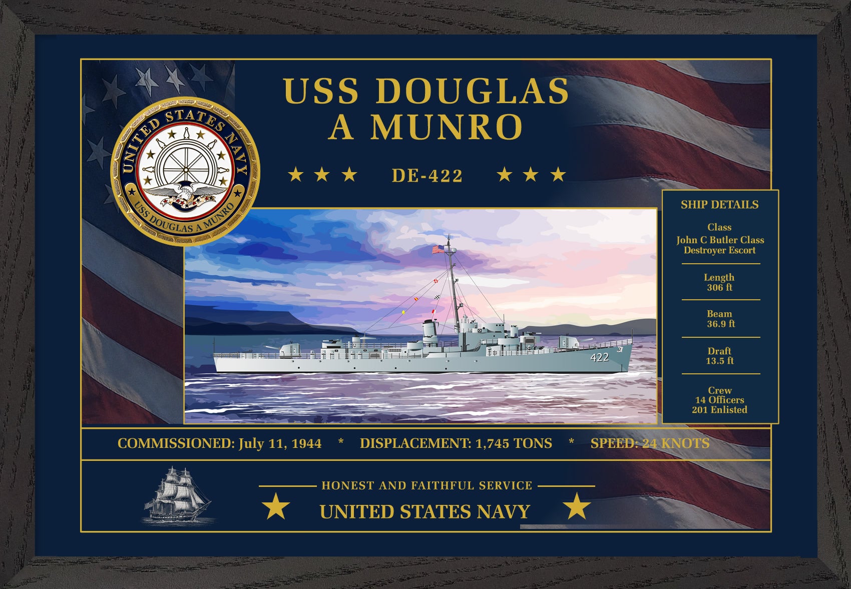 USS Douglas A Munro DE-422 Framed Patriotic Art