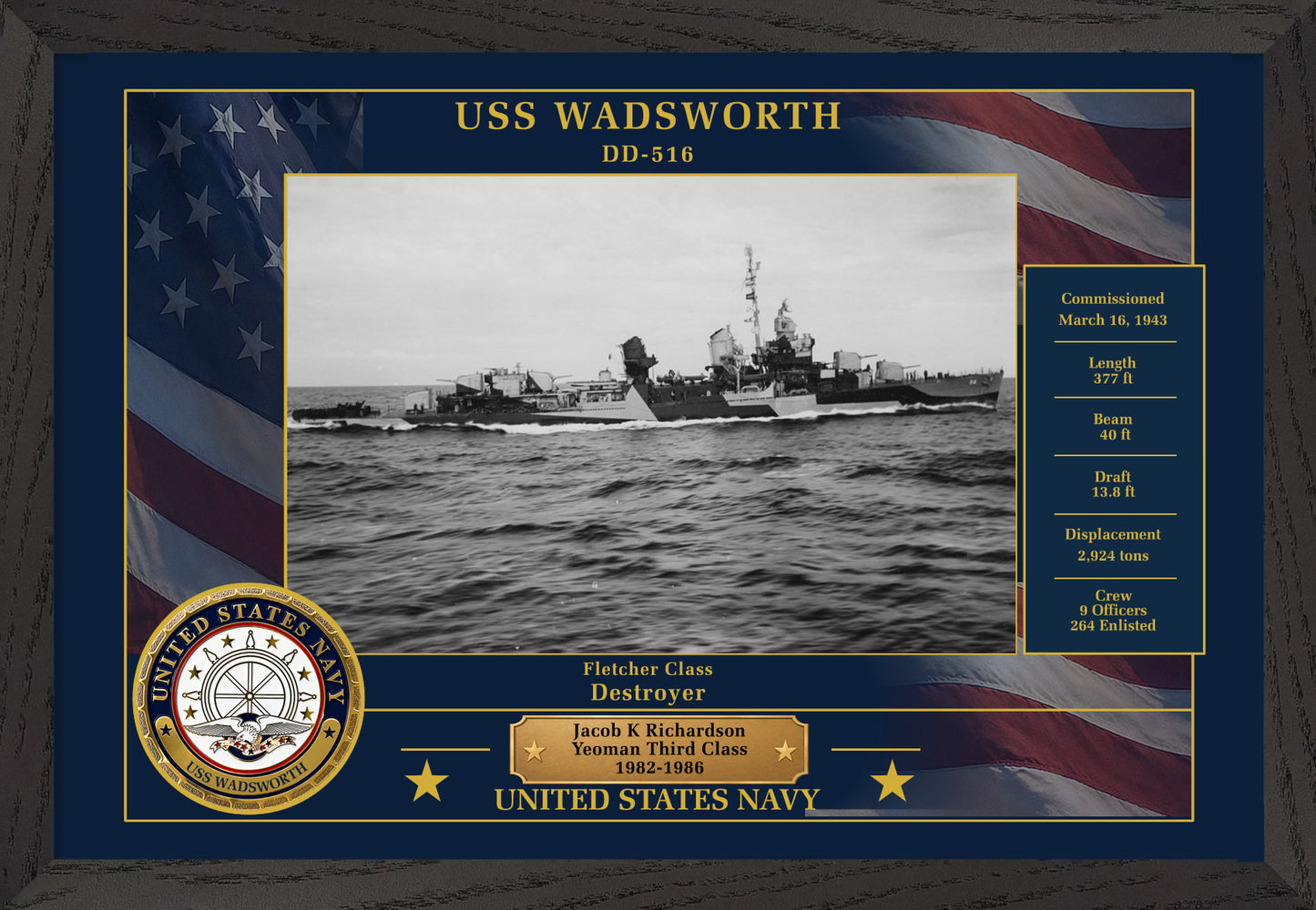 USS Wadsworth DD-516 Framed Patriotic Photo